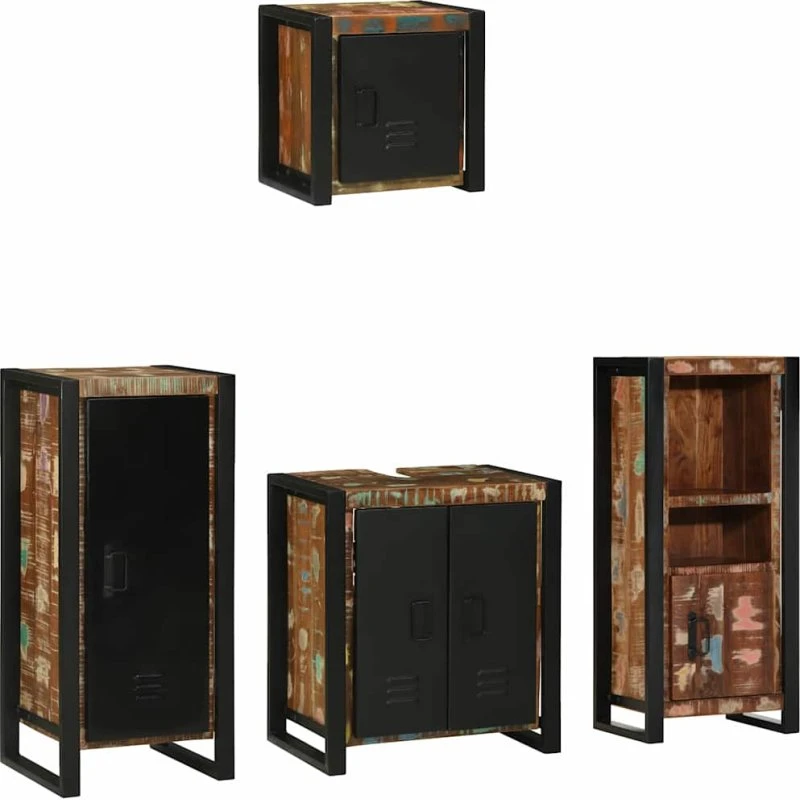 vidaXL Badeværelsesmøbelsæt 4 dele, mønstret/sort, solid genbrugstræ