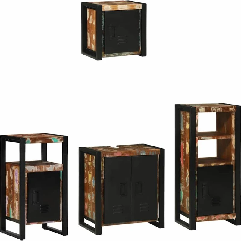 vidaXL Badeværelsessæt 4 dele Mønstret/sort i massivt genbrugs-træ