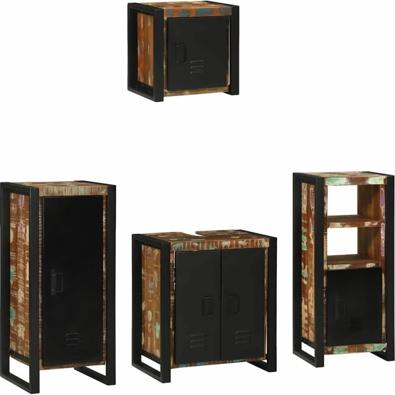 vidaXL Badeværelsesmøbelsæt 4 dele mønstret/sort genbrugstræ