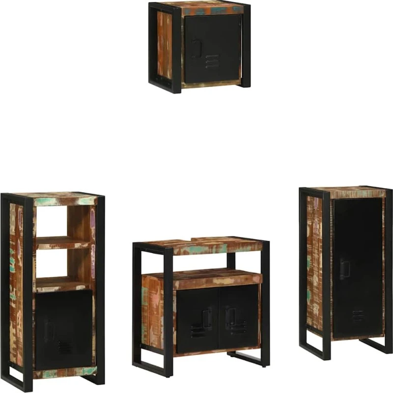 vidaXL Badeværelsessæt 4 dele – mønstret/sort massivt genbrugstræ