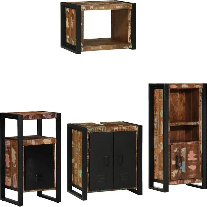 vidaXL Badeværelsesmøbelsæt 4 dele, mønstret/sort, genbrugstræ