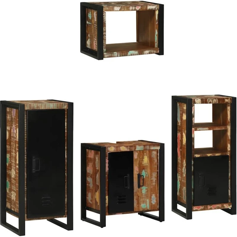 vidaXL Badeværelsesmøbel sæt 4 dele mønstret/sort, massivt genbrugstræ