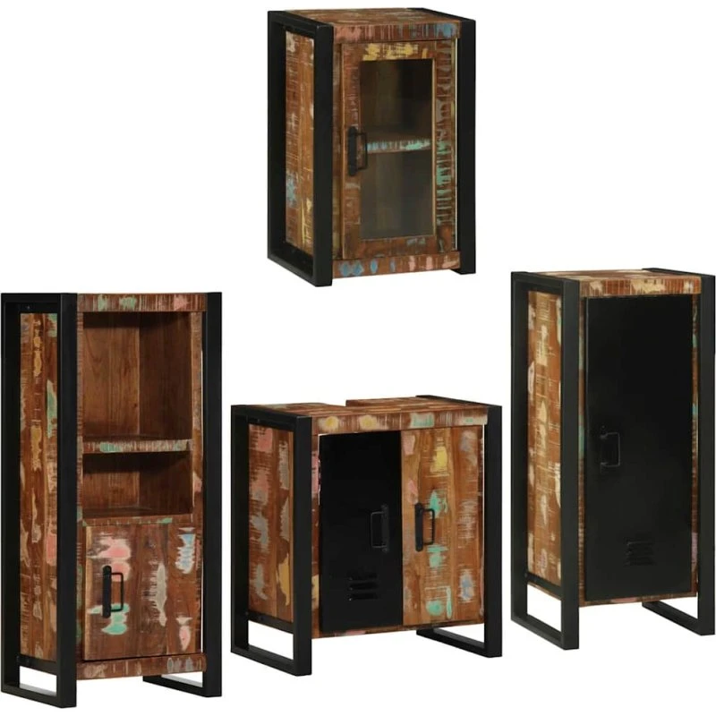 vidaXL Badeværelsesmøbel sæt 4 dele, flerfarvet solid genvundet træ