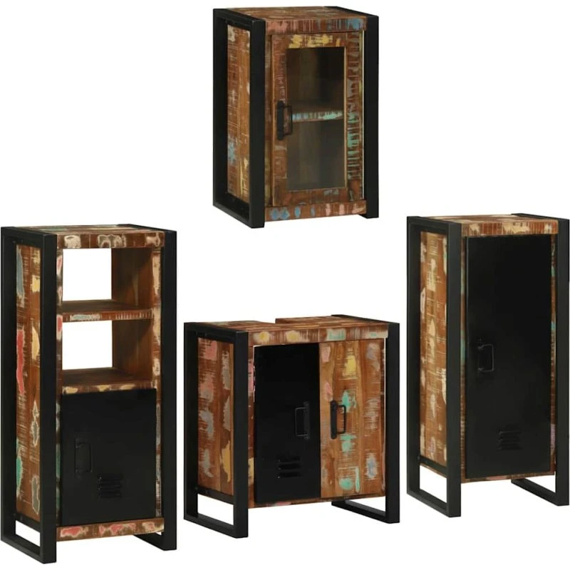 vidaXL Badeværelsesmøbelsæt 4 dele, flerfarvet solid genvundet træ