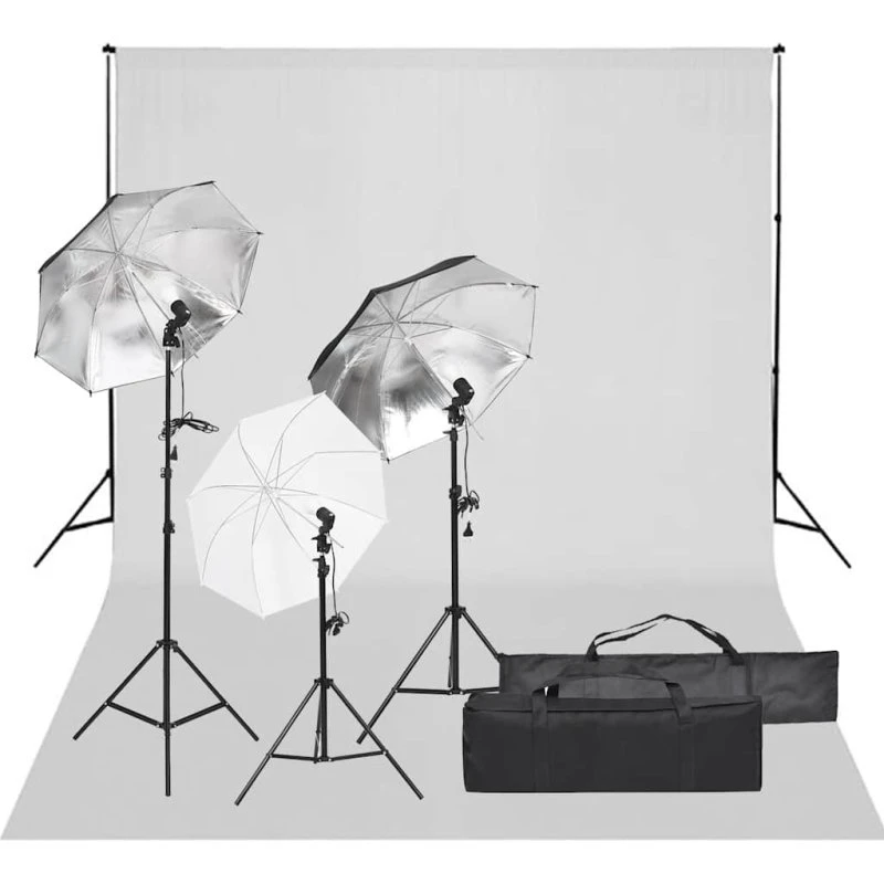 vidaXL fotostudiesæt med 5500K lamper, paraplyer og baggrund