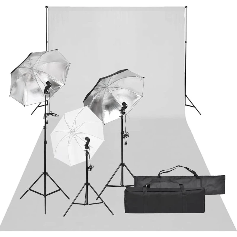 vidaXL Fotostudiesæt med 5500K lamper, 3 paraplyer og baggrund