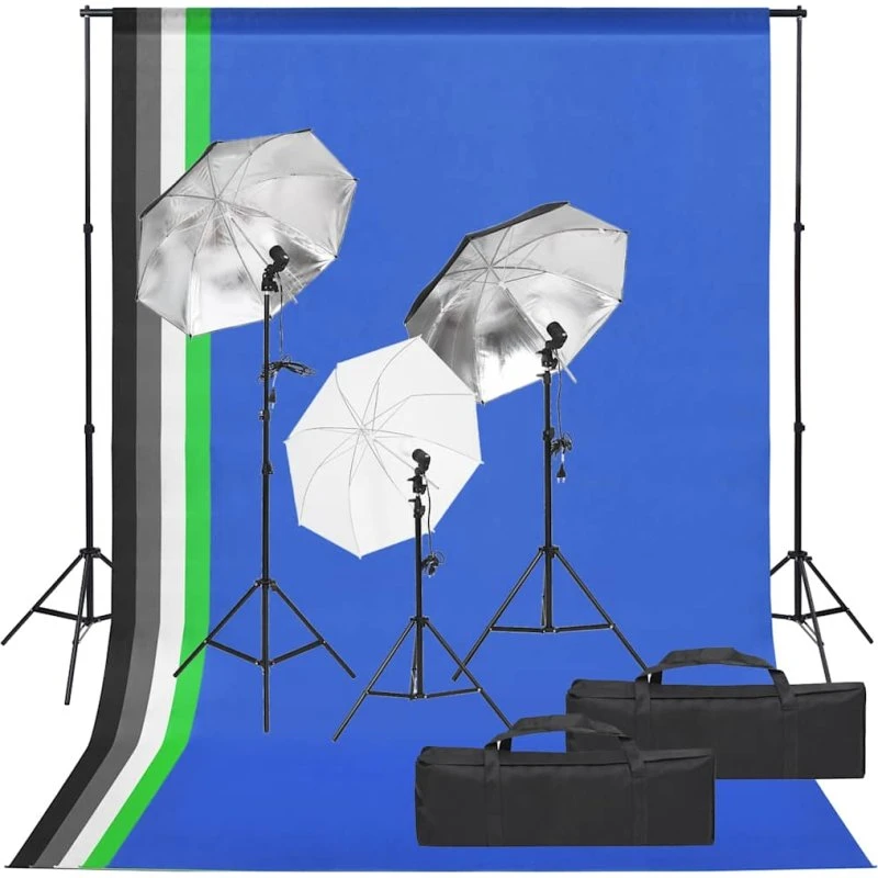 vidaXL fotostudiesæt med 3 paraplyer og baggrund 5500K