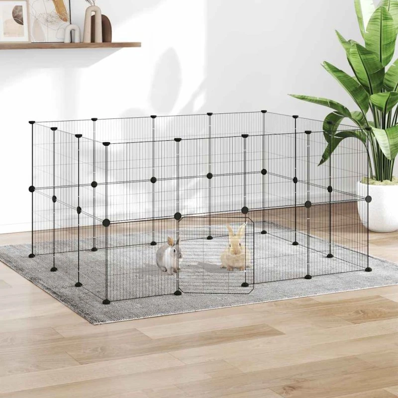 vidaXL 28-panel kæledyrsindhegning med låge 35x35 cm stål, sort