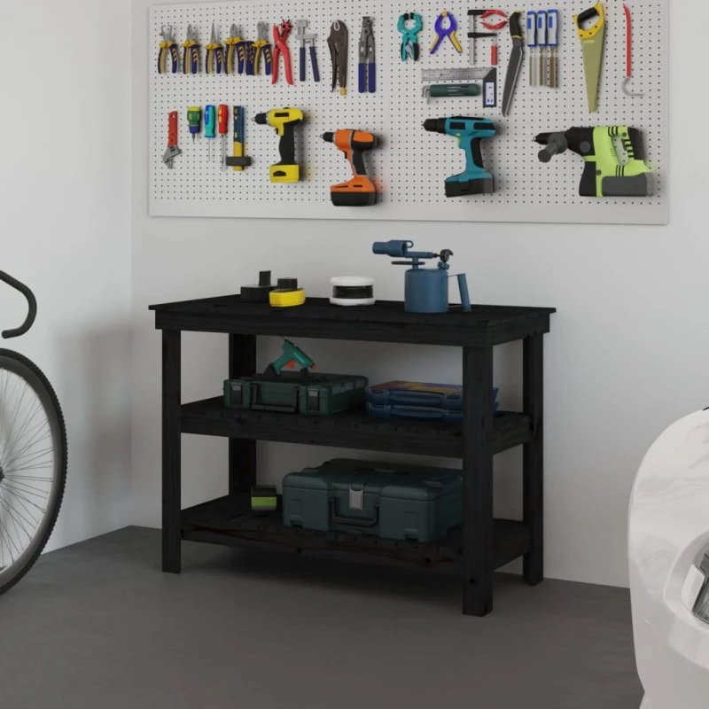 vidaXL arbejdsbord 110,5x50x80 cm massivt fyrretræ sort