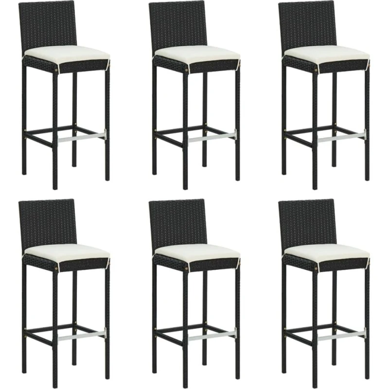 vidaXL 6 stk. barstole i polyrattan med hynder, sort