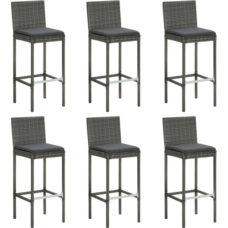 vidaXL 6 stk. barstole med hynder i polyrattan, grå