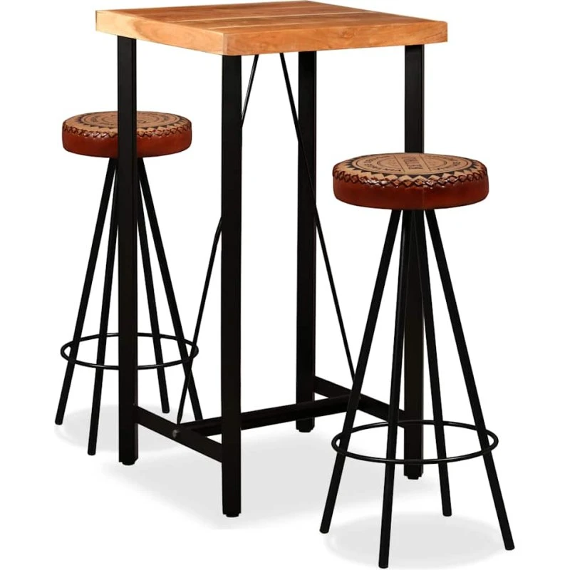 vidaXL Barsæt 3 dele | Massivt akacietræ, læder & kanvas