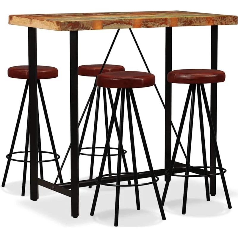 vidaXL barsæt 5 dele, massivt genbrugstræ & ægte læder