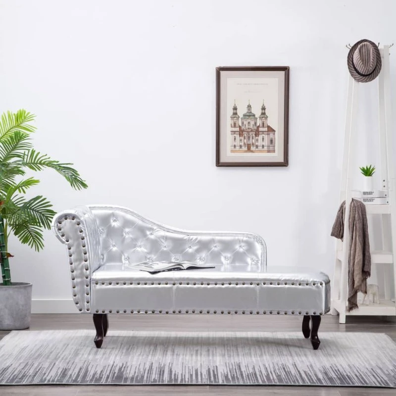 vidaXL Chaiselong Chesterfield kunstlæder, sølv 168x58x77 cm