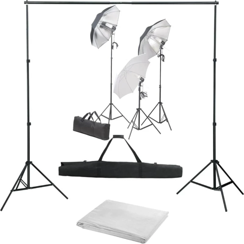 vidaXL Fotostudiesæt med lampesæt, 3 paraplyer & baggrund