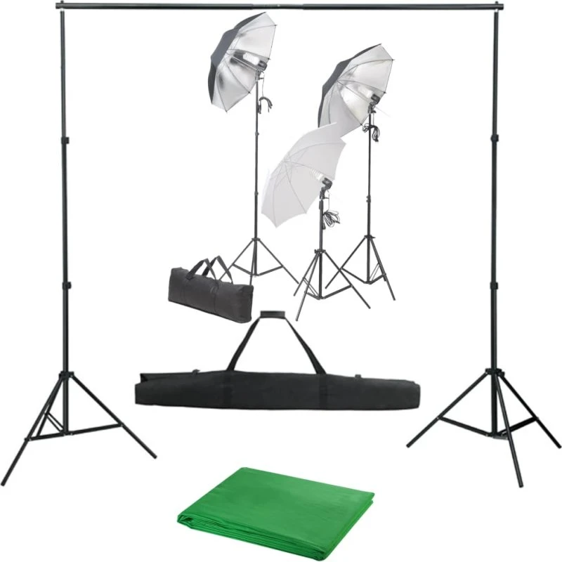 vidaXL fotostudiesæt 5500K med lamper, 3 paraplyer & baggrund