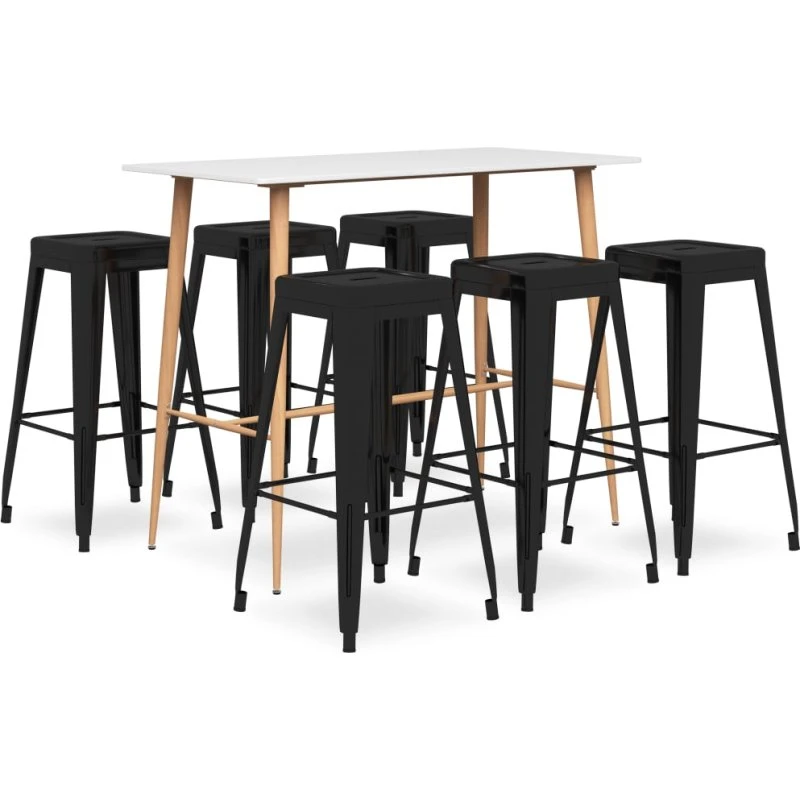 vidaXL Barsæt 7 dele – Hvid/sort (barbord + 6 barstole)