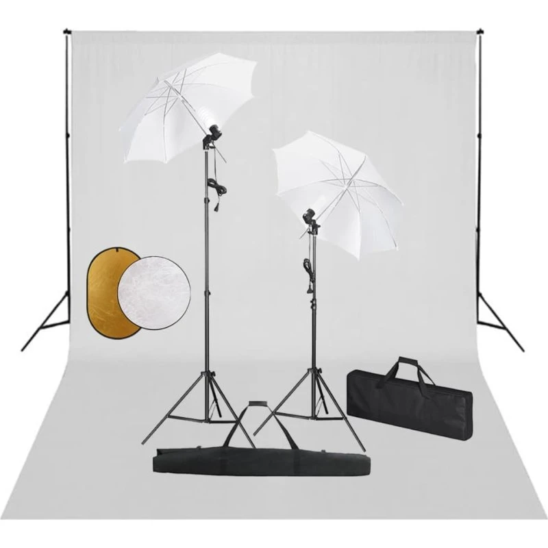 vidaXL fotostudiekit med lamper, paraplyer, baggrund og reflektor