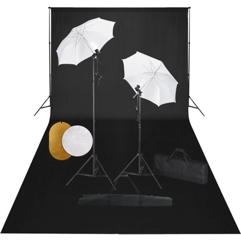 vidaXL fotostudieudstyr med lamper, paraplyer og baggrundssystem