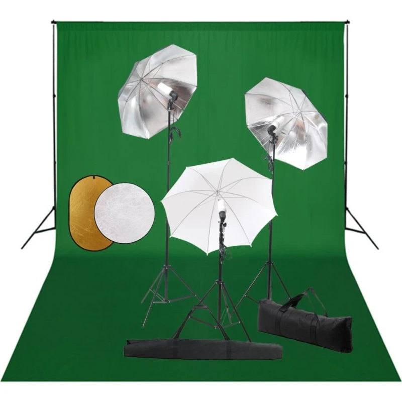 vidaXL fotostudiepakke med 5500K lamper, paraplyer & baggrund