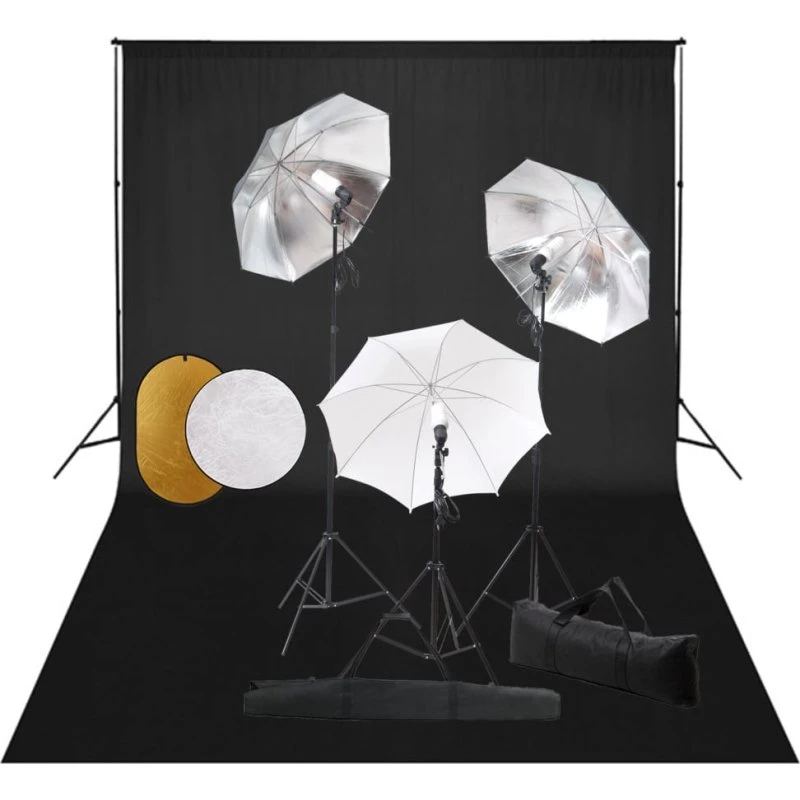 vidaXL fotostudieudstyr med lamper, paraplyer, baggrund og reflektor