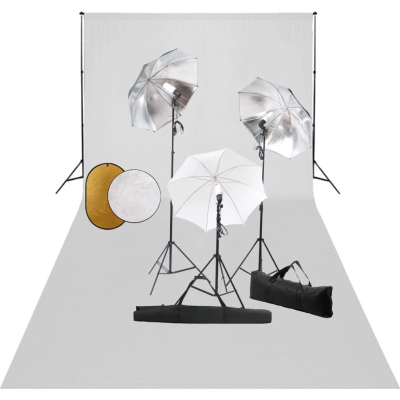 vidaXL fotostudiekit med lamper 5500K, paraplyer og baggrund