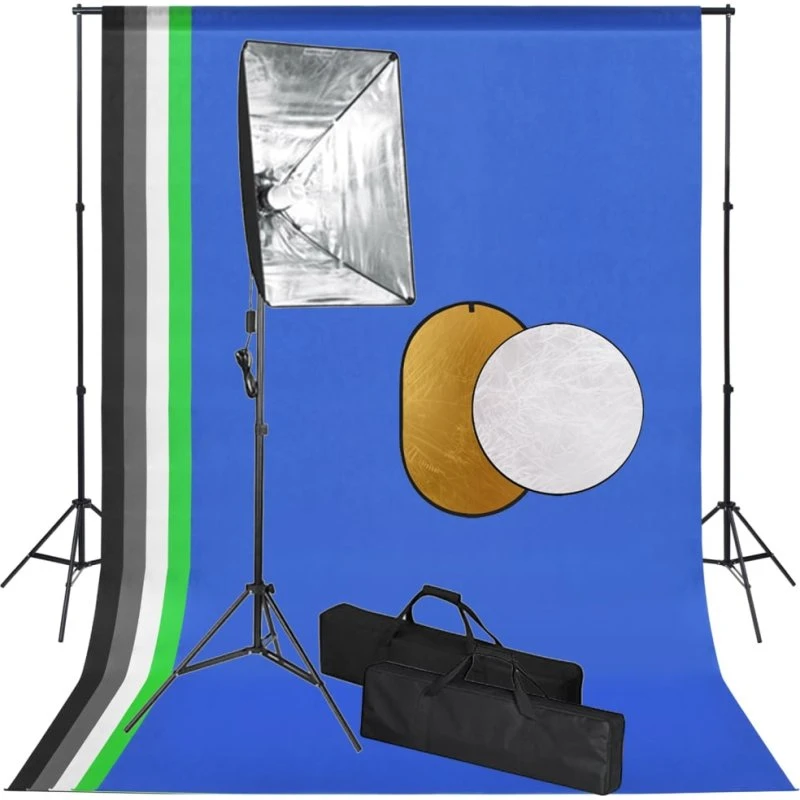 vidaXL fotostudiesæt med softbox, 5 bagtæpper og reflektor (max 300 cm)