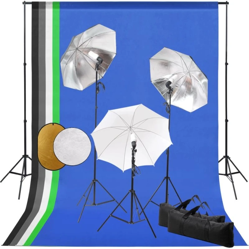 vidaXL Fotostudiesæt med lamper, paraplyer, baggrunde (300 cm)