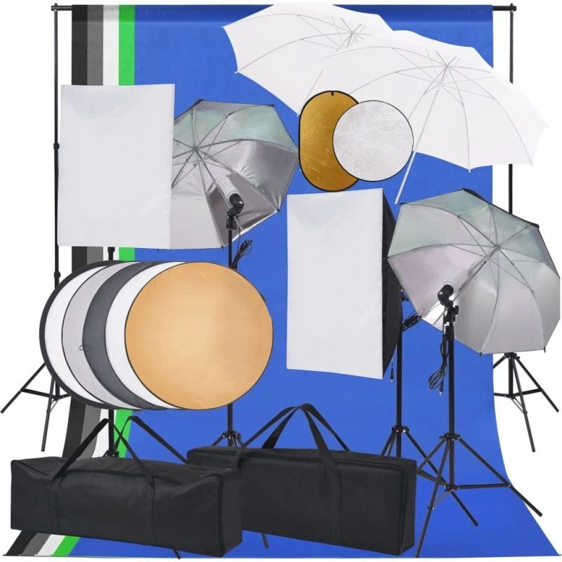 vidaXL Fotostudiesæt med softbox, paraplyer, baggrund 300 cm