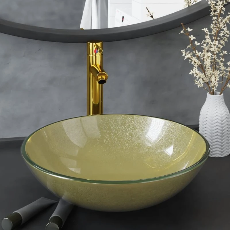 vidaXL halvrund håndvask i hærdet glas m. hane og bundventil, guld