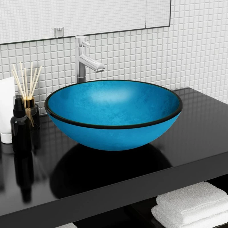 vidaXL håndvask 42x14 cm blå hærdet glas
