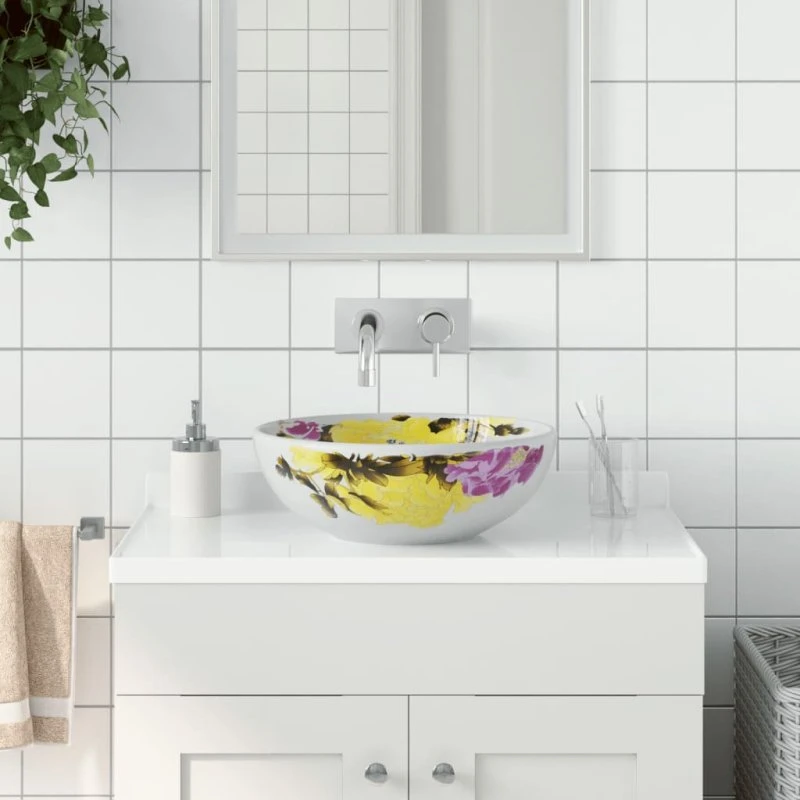 vidaXL Håndvask til bordplade Ø41x14 cm rund, flerfarvet keramik