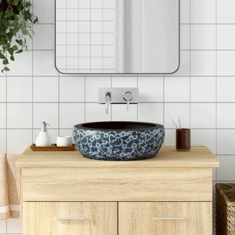vidaXL rund håndvask til bordplade Ø41x14 cm keramik, sort/blå