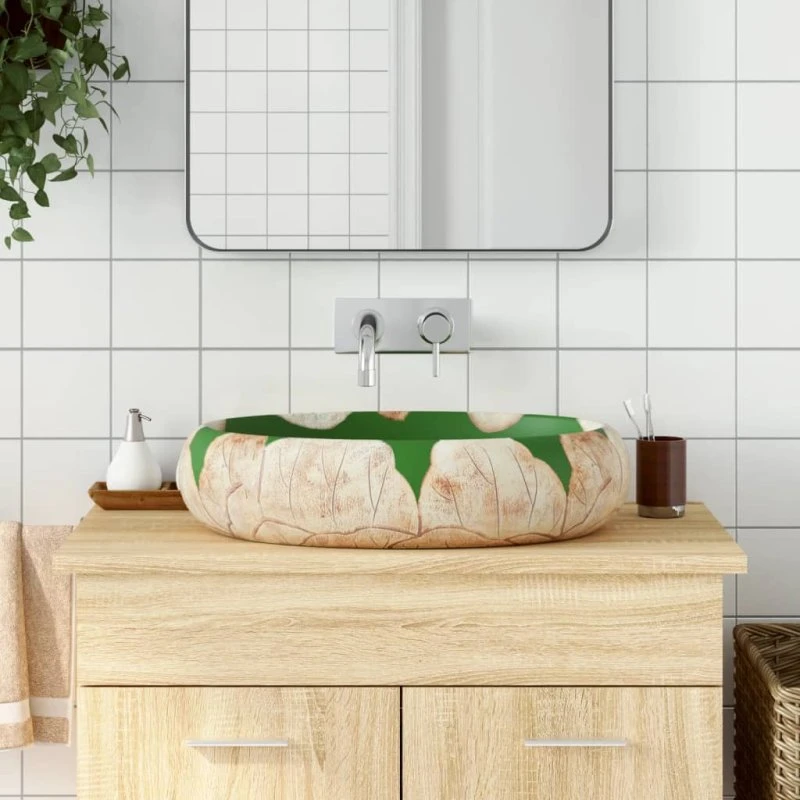 vidaXL håndvask til bordplade 59x40x15 cm oval keramik grøn/brun