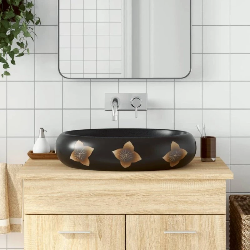 vidaXL oval håndvask til bordplade 59x40x15 cm, sort/blå keramik