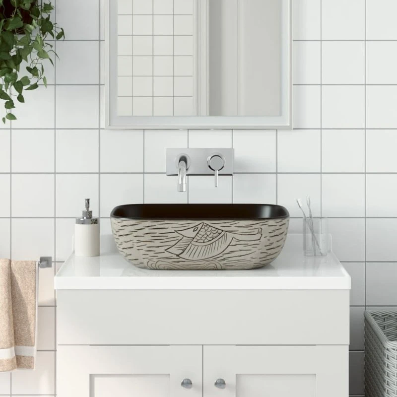 vidaXL håndvask 48x37,5x13,5 cm rektangulær keramisk grå/sort