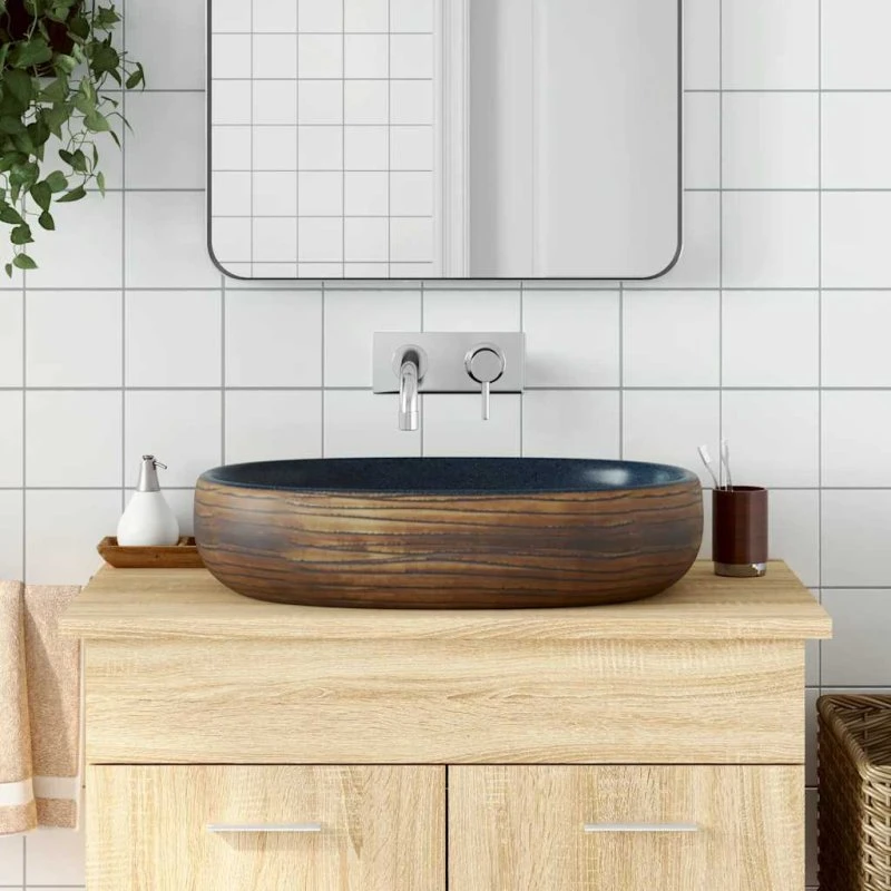 vidaXL oval håndvask i keramik 59x40x14 cm — brun/blå