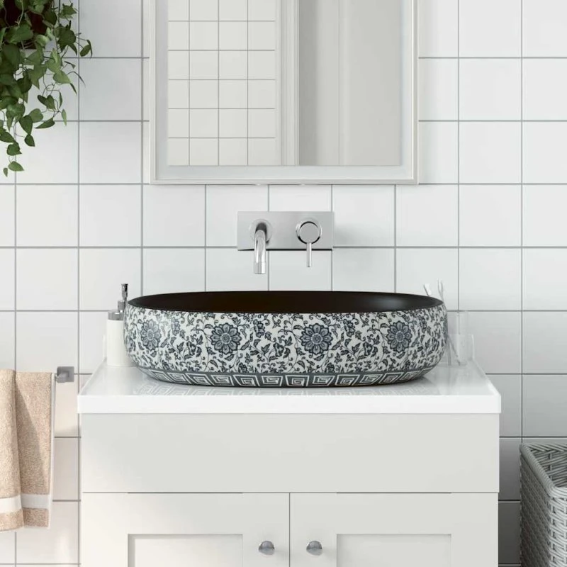 vidaXL håndvask til bordplade 59x40x14 cm oval keramik sort/blå