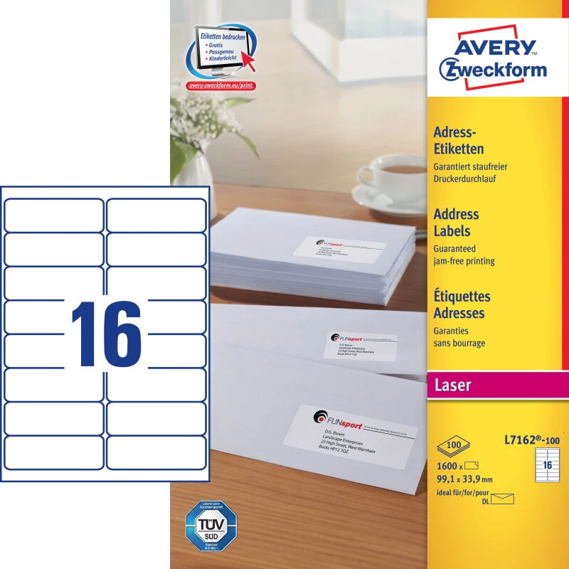 Avery L7162 Laseretiket 99,1x33,9 mm, 16/ark (100 ark)