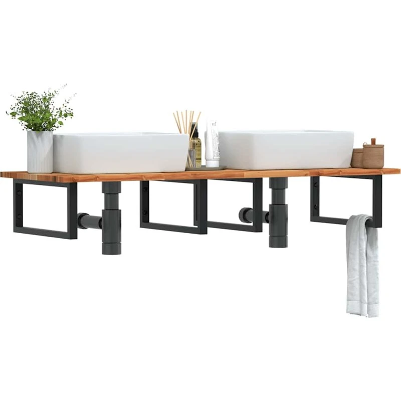 vidaXL væghængt badeværelseshylde i stål og massivt akacietræ (mørkebrun/sort)