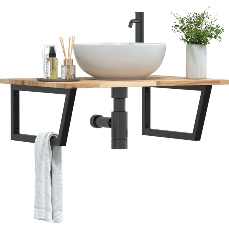 vidaXL væghængt badeværelseshylde i stål og akacietræ (brun/sort, trapez)