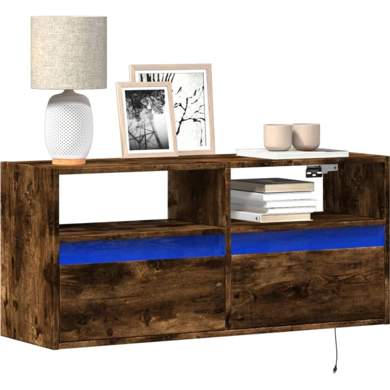 vidaXL væghængt tv-bord med LED-lys 100x31x45 cm, røget eg