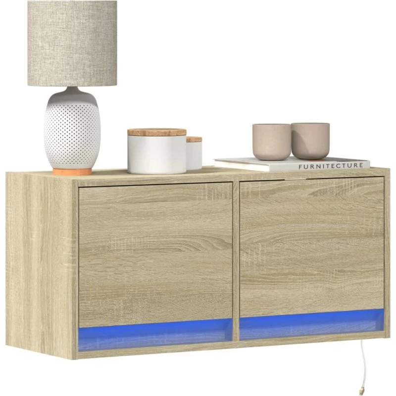 vidaXL væghængt tv-bord med LED-lys 80x31x35 cm sonoma-eg