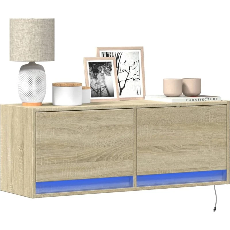 vidaXL væghængt TV-bord 100x31x35 cm med LED – sonoma-eg