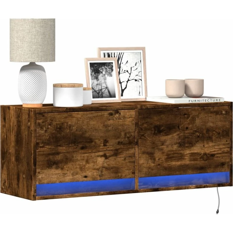 vidaXL væghængt TV-bord 100x31x35 cm med LED, røget eg