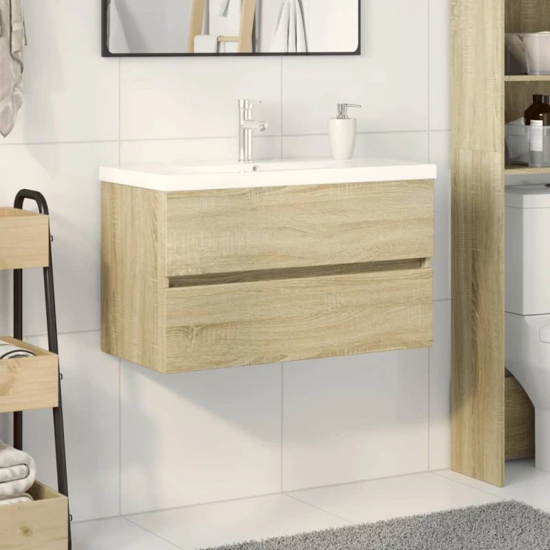 vidaXL møbelsæt til badeværelse 2 dele, keramik Sonoma-eg 80x38,5x45 cm