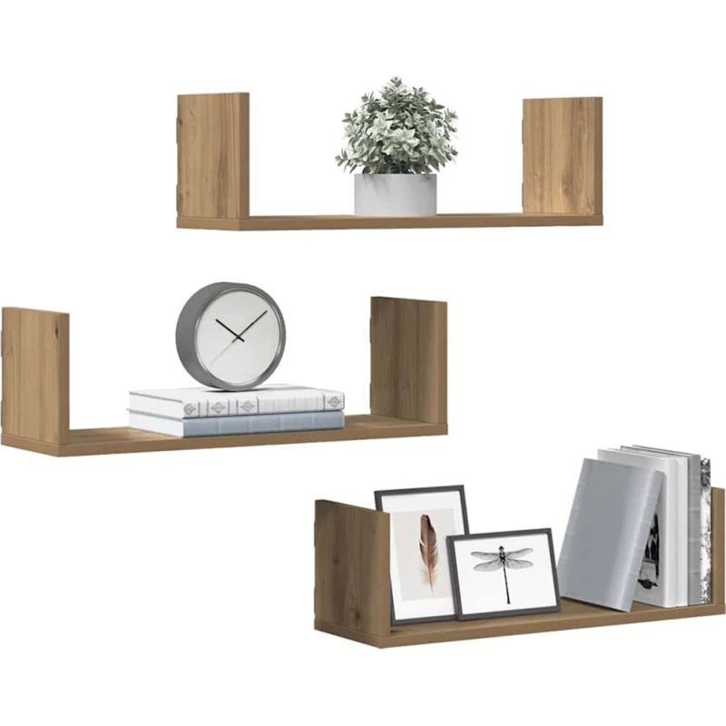 vidaXL væghylder 3 stk. 58x18x18 cm konstrueret træ egetræsfarve