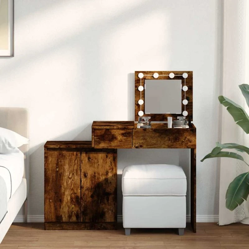 vidaXL Makeupbord med LED-lys 115x37x110,5 cm – Røget egetræ