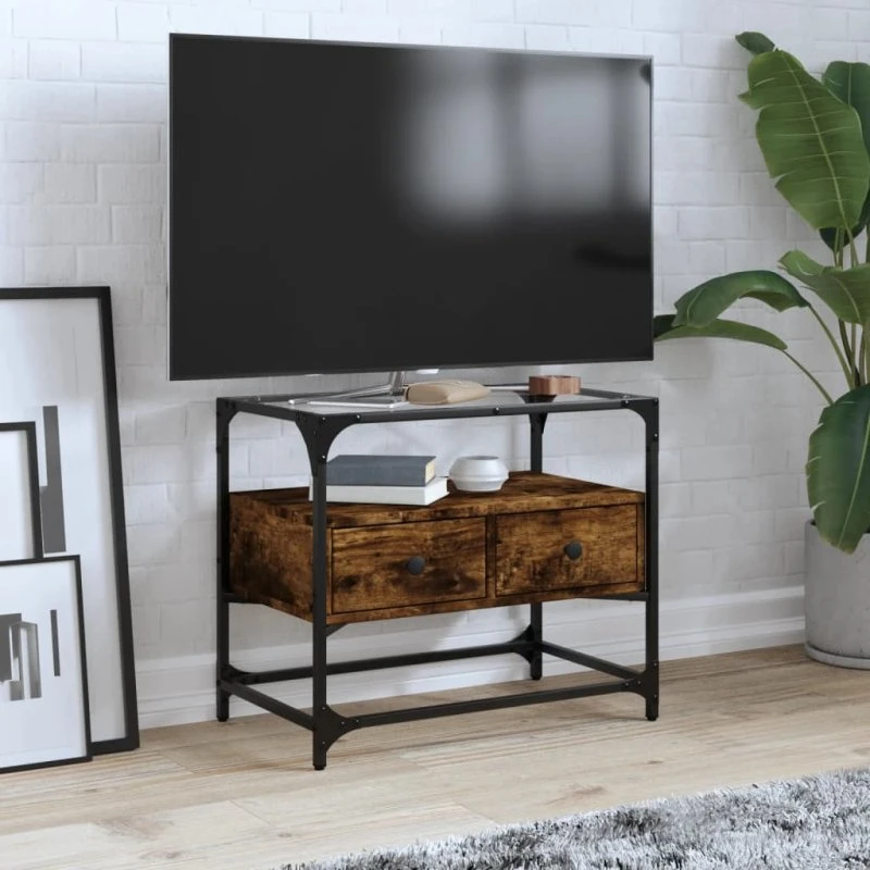 vidaXL TV-bord med glastop 60x35x51 cm, konstrueret træ røget eg