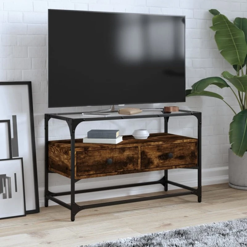 vidaXL TV-bord med glasplade 80x35x51 cm konstrueret træ røget eg